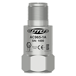 A stainless steel, top exit AC965 intrinsically safe industrial accelerometer engraved with the CTC logo, part number, serial number, and hazardous rating logos.